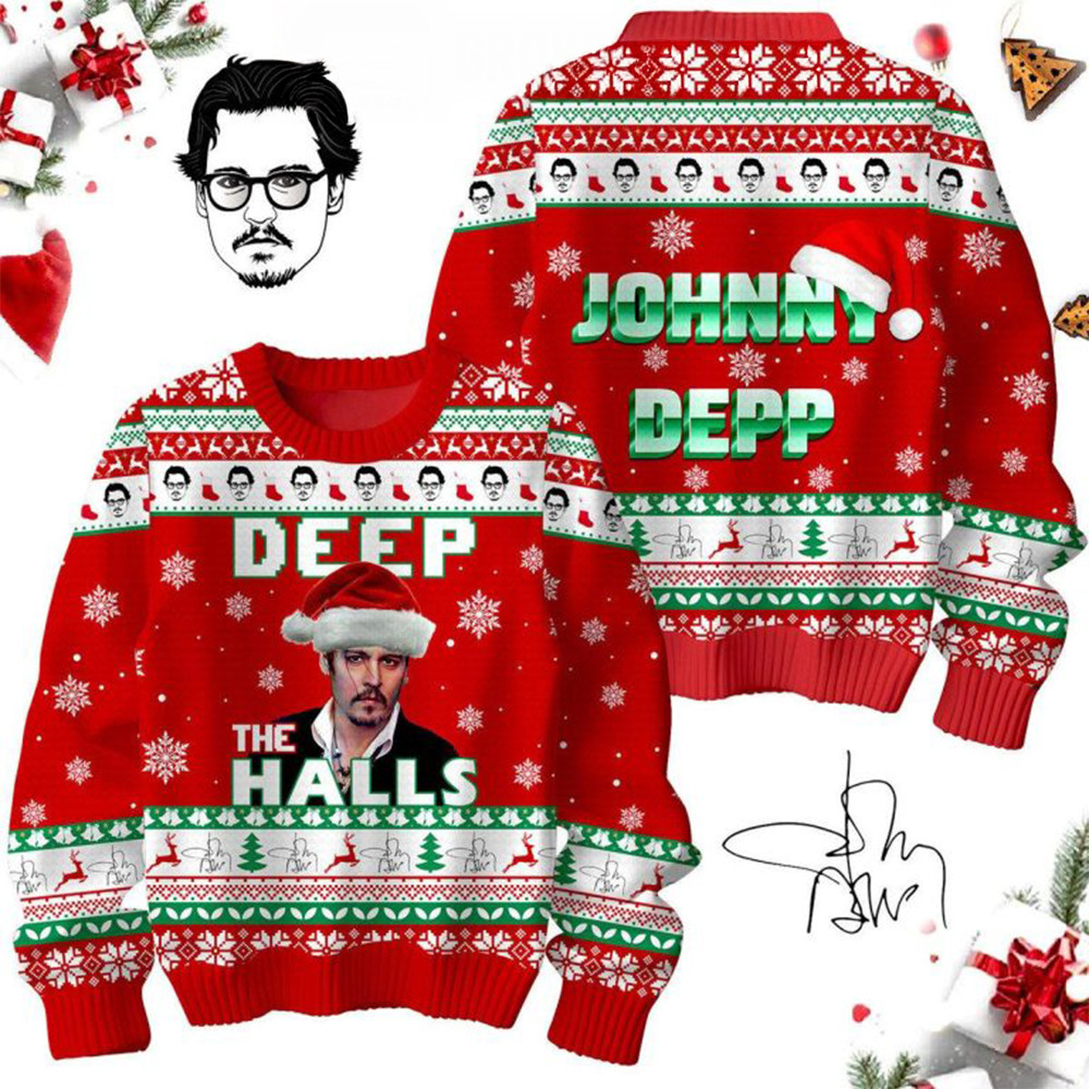Johnny Depp Deep The Halls Merry 2024 Christmas Ugly Sweater Gifts For Music Fans-1