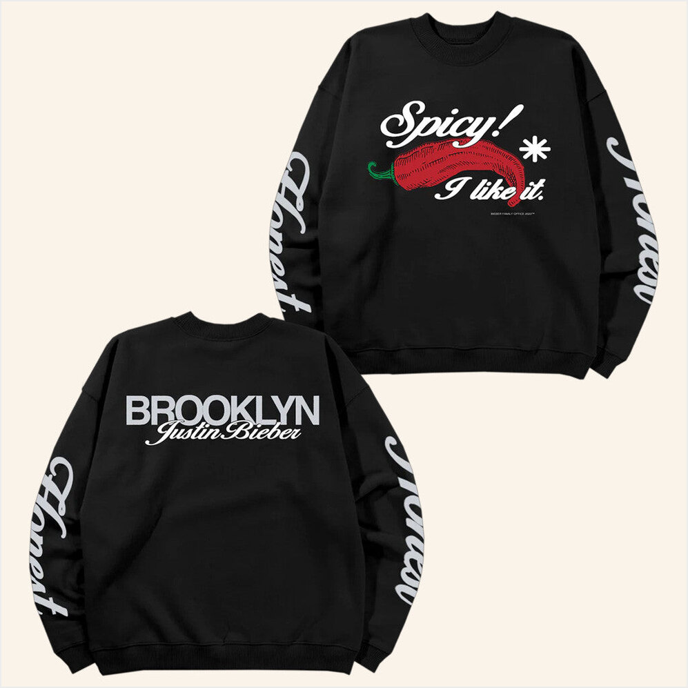 Justin Bieber Merch Spicy x Brooklyn Black Crewneck Sweatshirt Birthday Gift For Friends-1