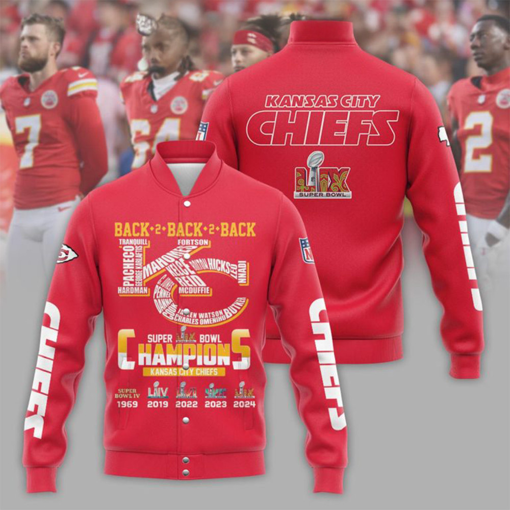 Kansas City Chiefs Back 2 Back 2 Back Super Bowl Champions Baseball Bomber Jacket Fan Gifts-1