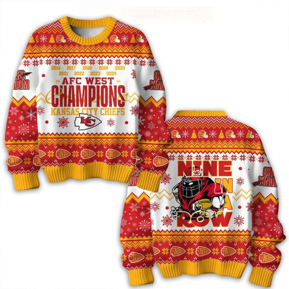 Kansas City Chiefs Nine In A Row AFC West Champions 2024 Christmas Ugly Sweater Gift For Fans-1