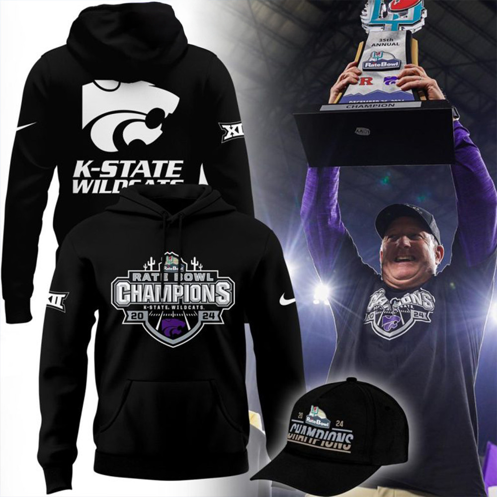 Kansas State Wildcats Football 2024 Rate Bowl Champions Black Hoodie Football Fan Gift Ideas-1