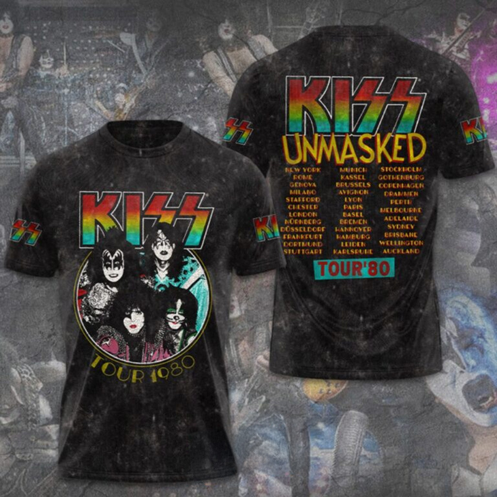 Kiss Unmasked Tour 80 Full Print Black Shirt Kiss Merch Gift Ideas For Music Lovers-1