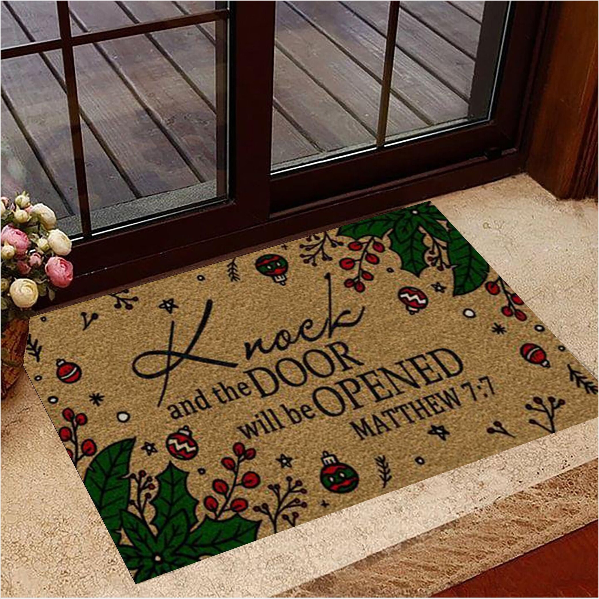 Knock And The Door Will Be Opened Matthew Doormat Christmas Welcome Mat New Home Presents-1