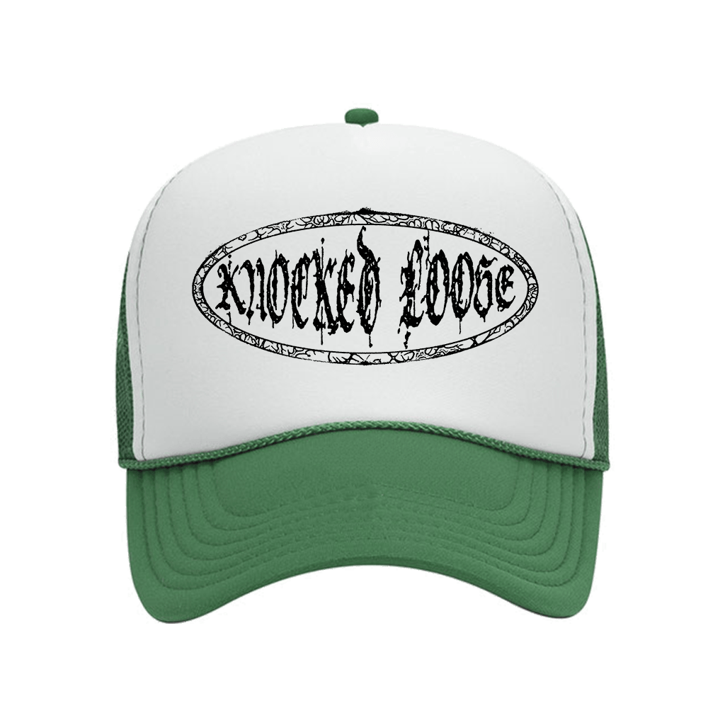 Knocked Loose Merch Knocked Loose Oval Logo White Kelly Trucker Hat Perfect Father's Day Gifts-1