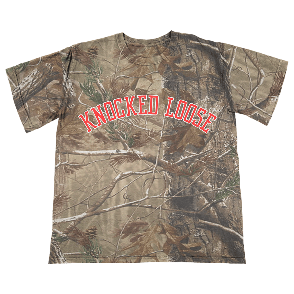Knocked Loose Merch Knocked Loose Varsity Arch Real Tree Camo T-Shirt Gifts For Father's Day-1