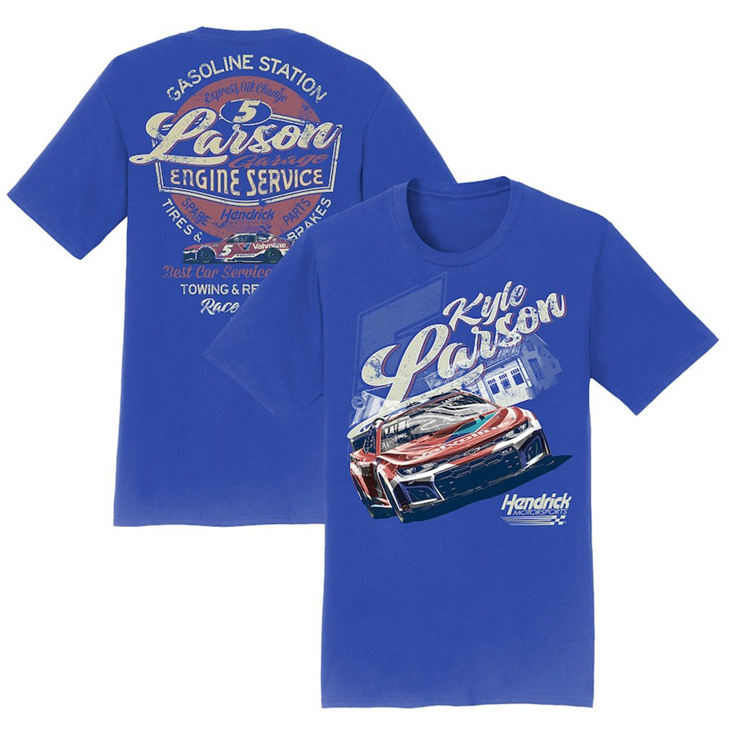 Kyle Larson Hendrick Motorsports Team Collection Royal Valvoline Car T-Shirt Gifts For Fans-1