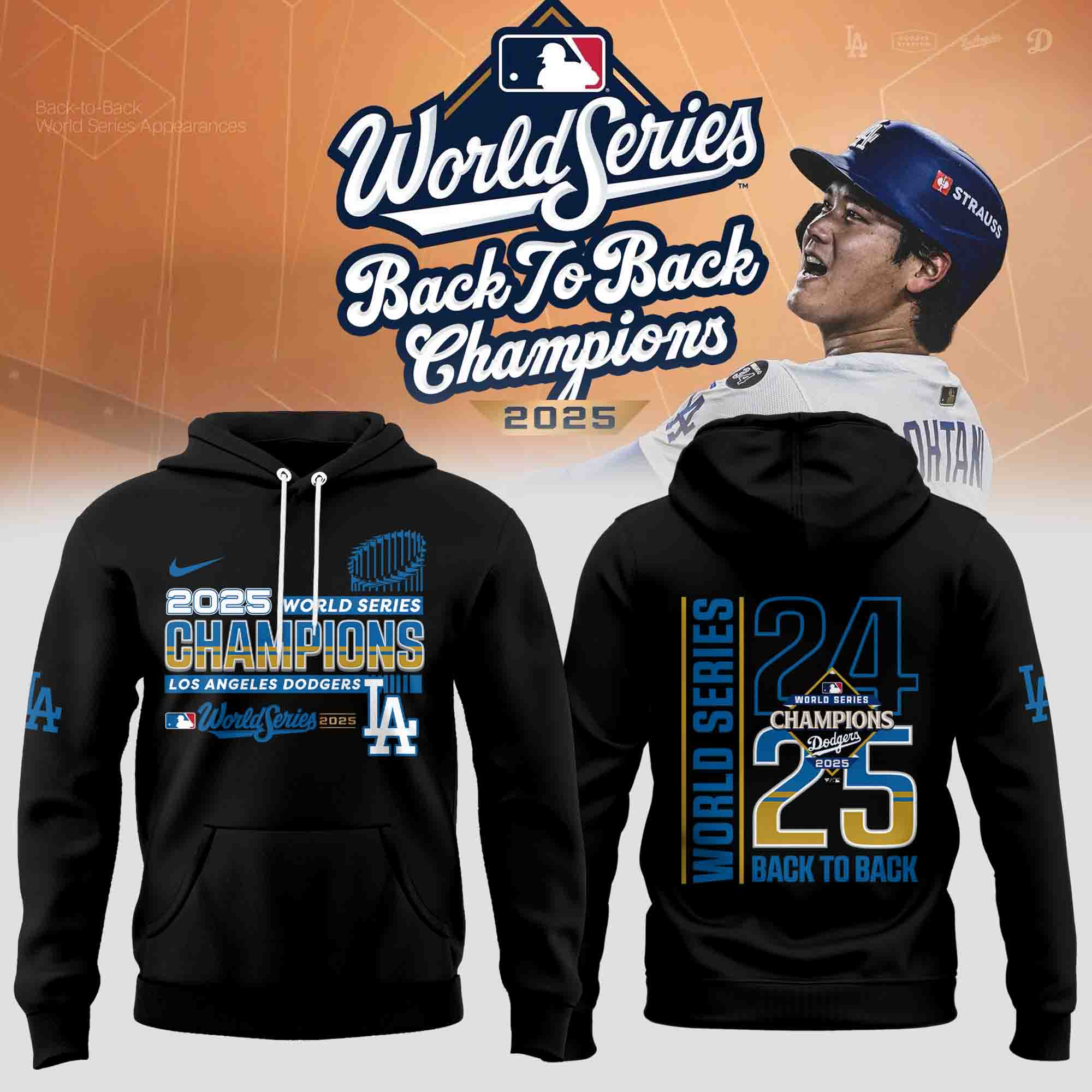 LA Dodgers Back To Back Champions Hoodie Los Angeles Dodgers World Series Merch 2025 Fan Clothes-1