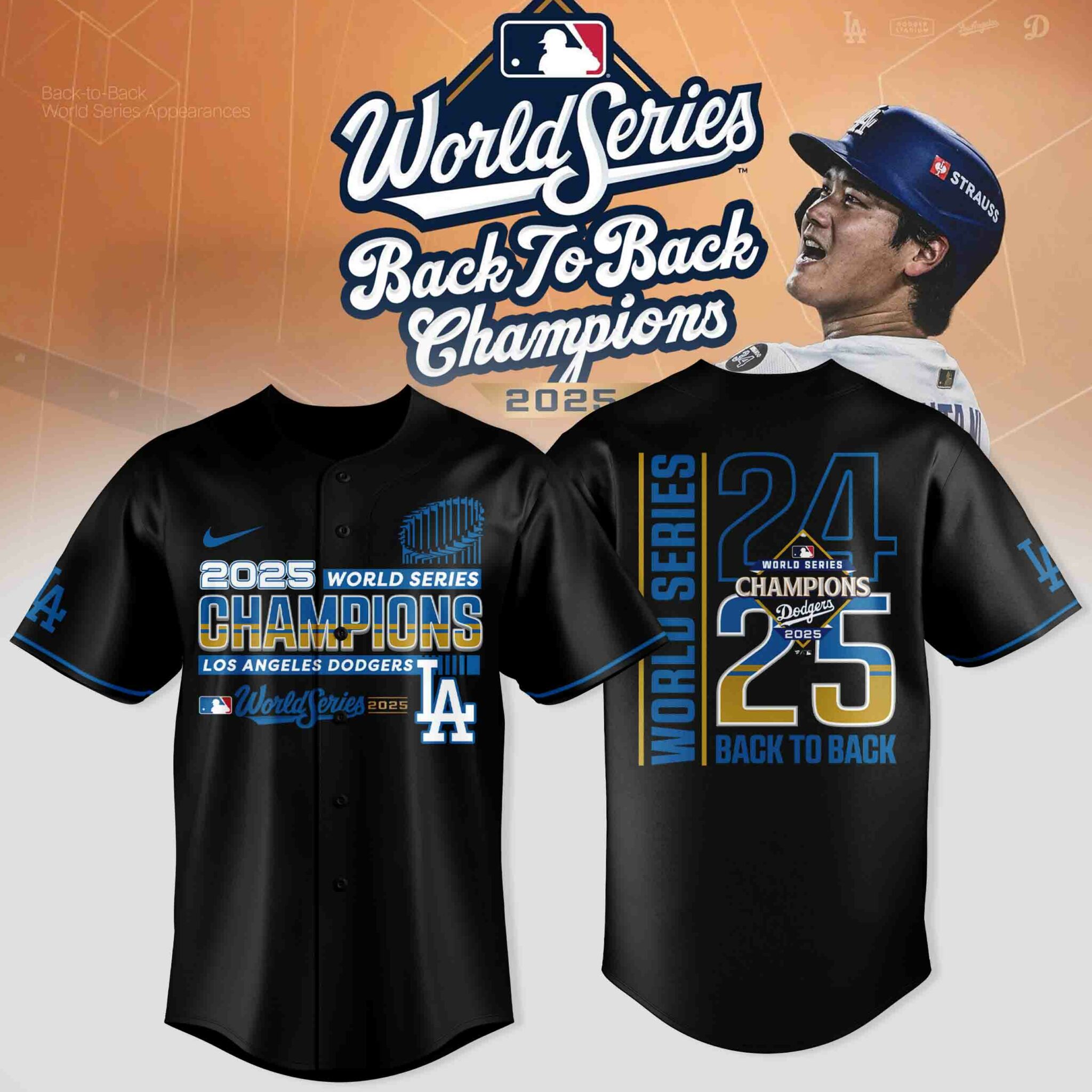 LA Dodgers World Series Merch 2025 Los Angeles Dodgers Back To Back Champions Jersey Fan Apparel-1