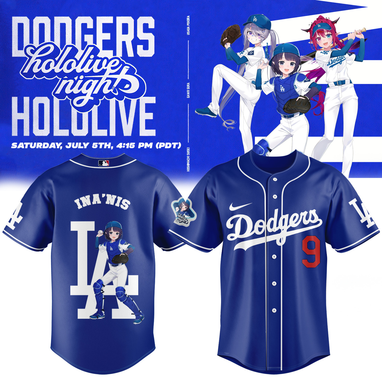 LA Dodgers X Hololive 2025 Ina'nis Jersey Dodger World Series 2025 Anime Fan Gift Ideas-1