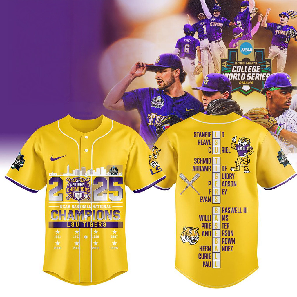 LSU Championship Shirt Merch LSU Tigers 2025 NCAA Baseball National Champions Baseball Jersey Gold-1