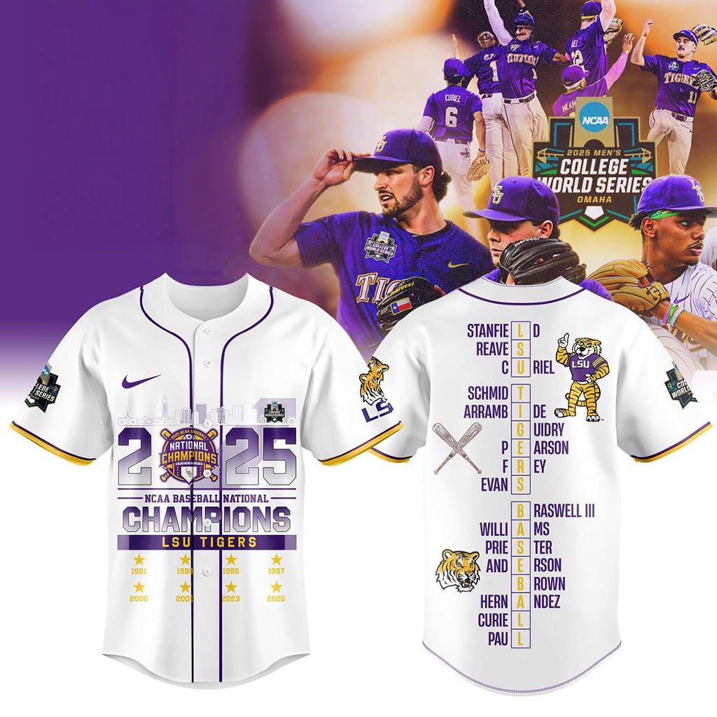 LSU Championship Shirt Merch LSU Tigers 2025 NCAA Baseball National Champions Baseball Jersey White-1