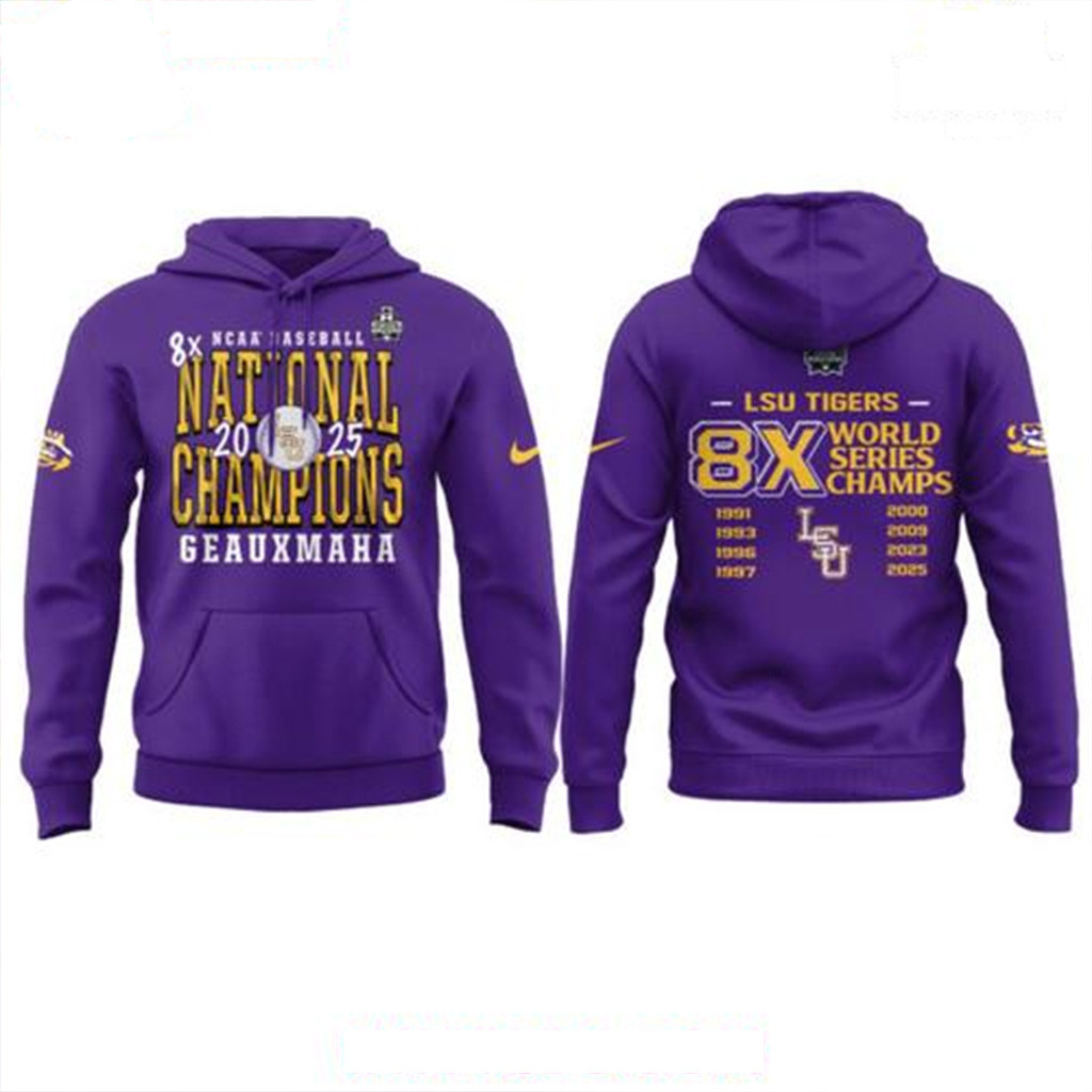 LSU Tigers 2025 NCAA Baseball 8-Time National Champions Purple Hoodie LSU Tigers Merch Men's-1