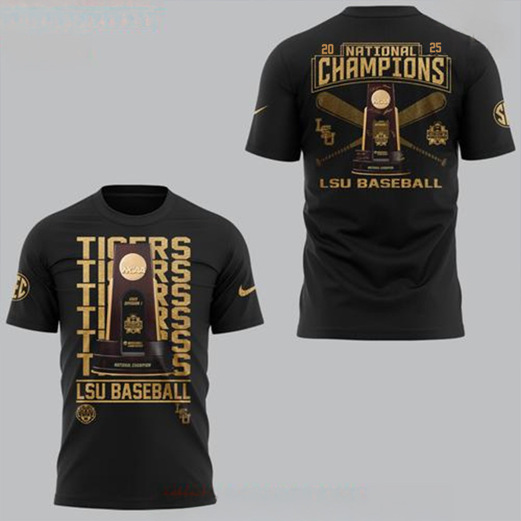 LSU Tigers 2025 NCAA Baseball National Champions Black T-Shirt LSU Tigers Merch Dad Gifts-1