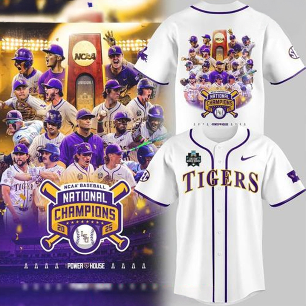 LSU Tigers 2025 NCAA Baseball National Champions White Baseball Jersey LSU Tigers Merch Fans-1