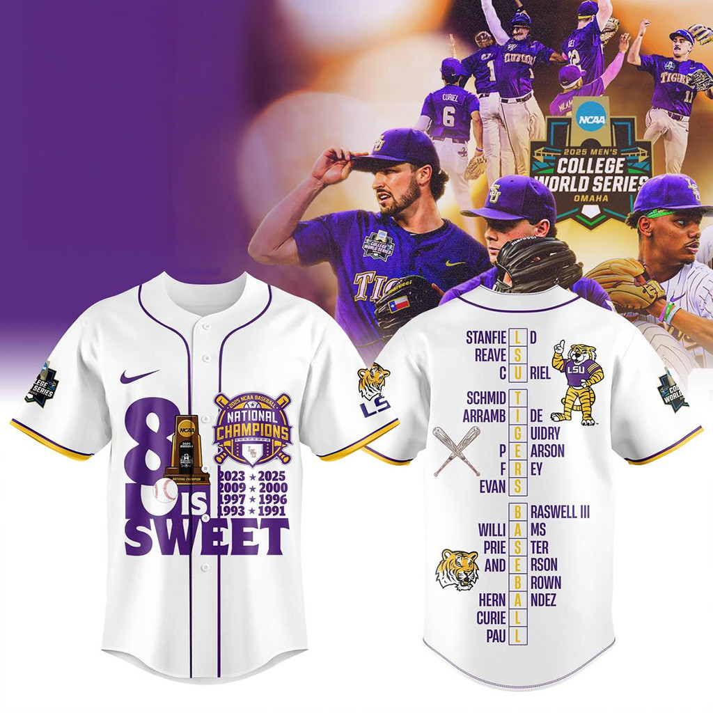 LSU Tigers 8x NCAA Baseball Champions Baseball Jersey White LSU Championship Shirt Merch-1