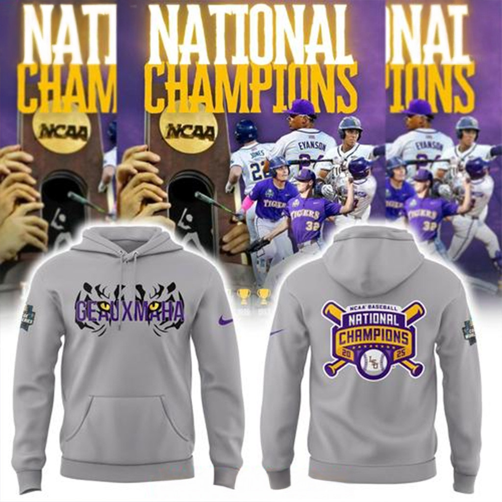 LSU Tigers Geaux Maha 2025 College World Series Champions Gray Hoodie Tigers Merch-1