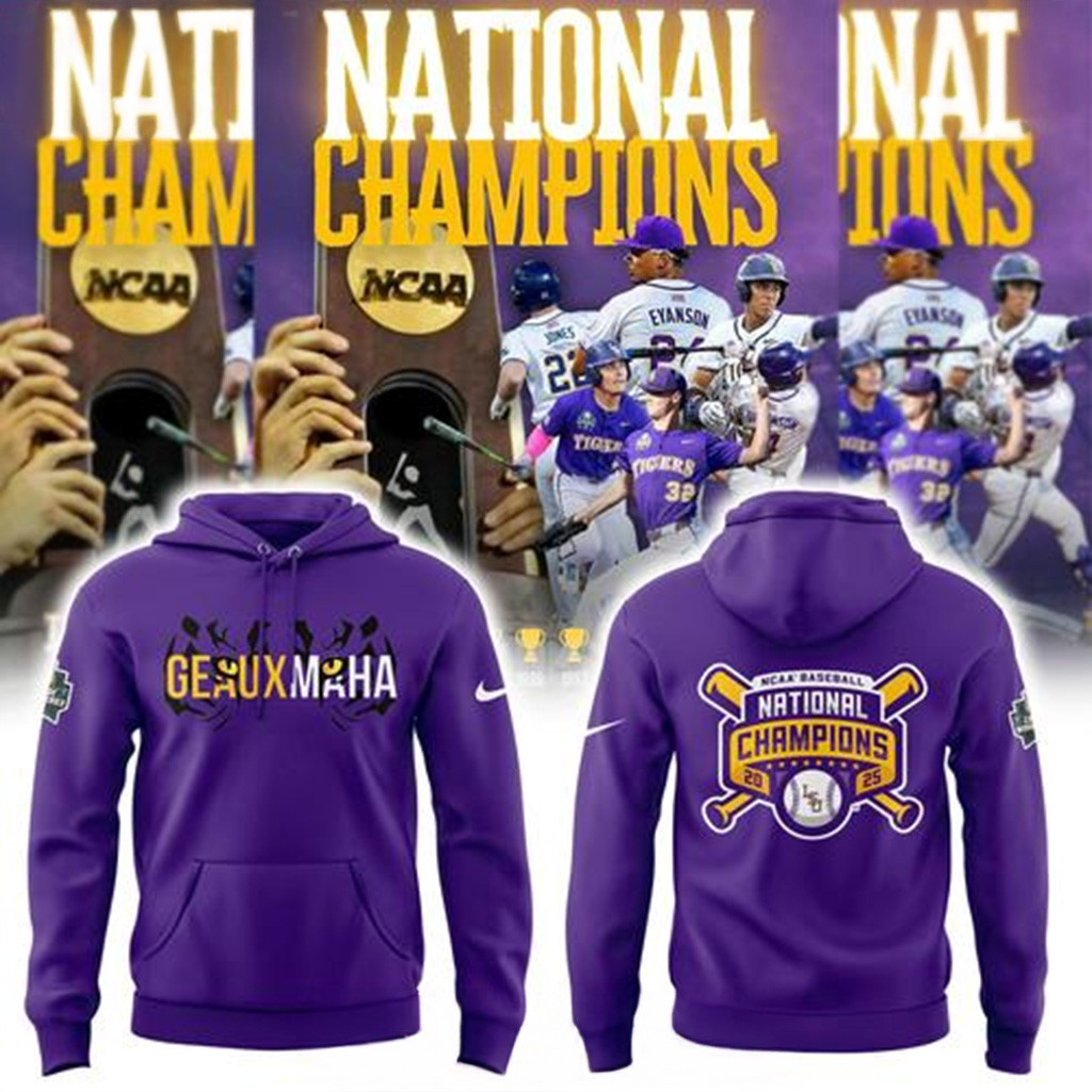 LSU Tigers Geaux Maha 2025 College World Series Champions Purple Hoodie Tigers Merch-1
