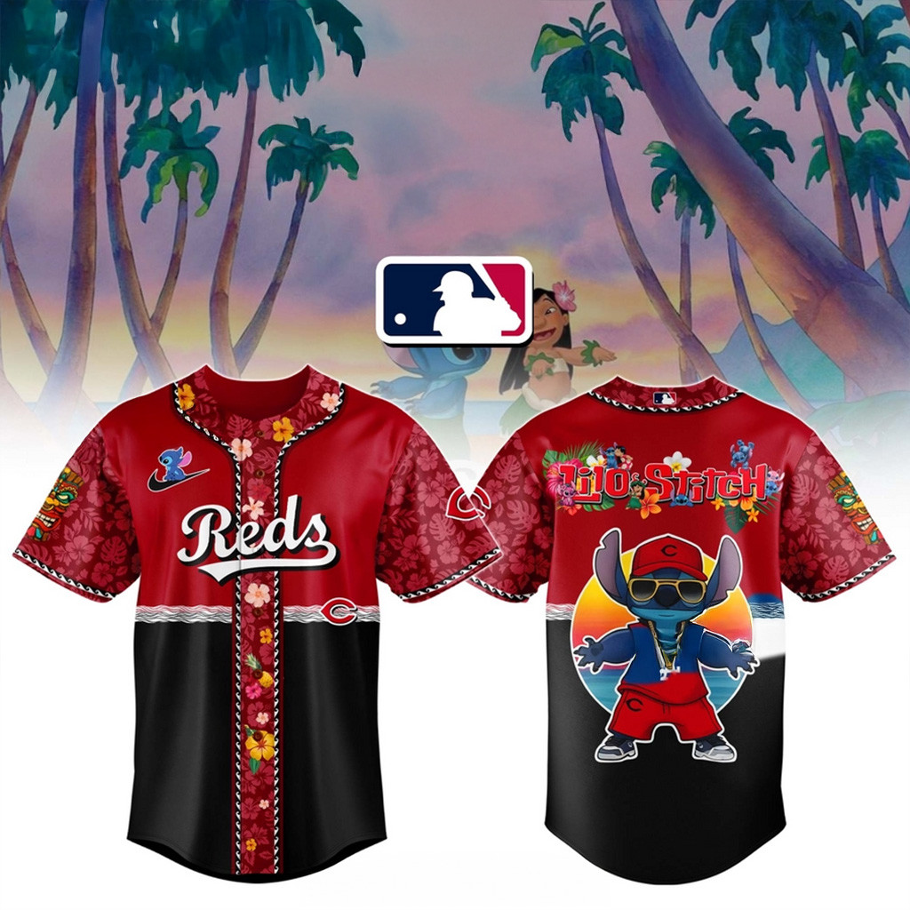 Lilo And Stitch x Reds MLB All Team Floral Jersey Reds Merch Best Gifts For Baseball Fans-1