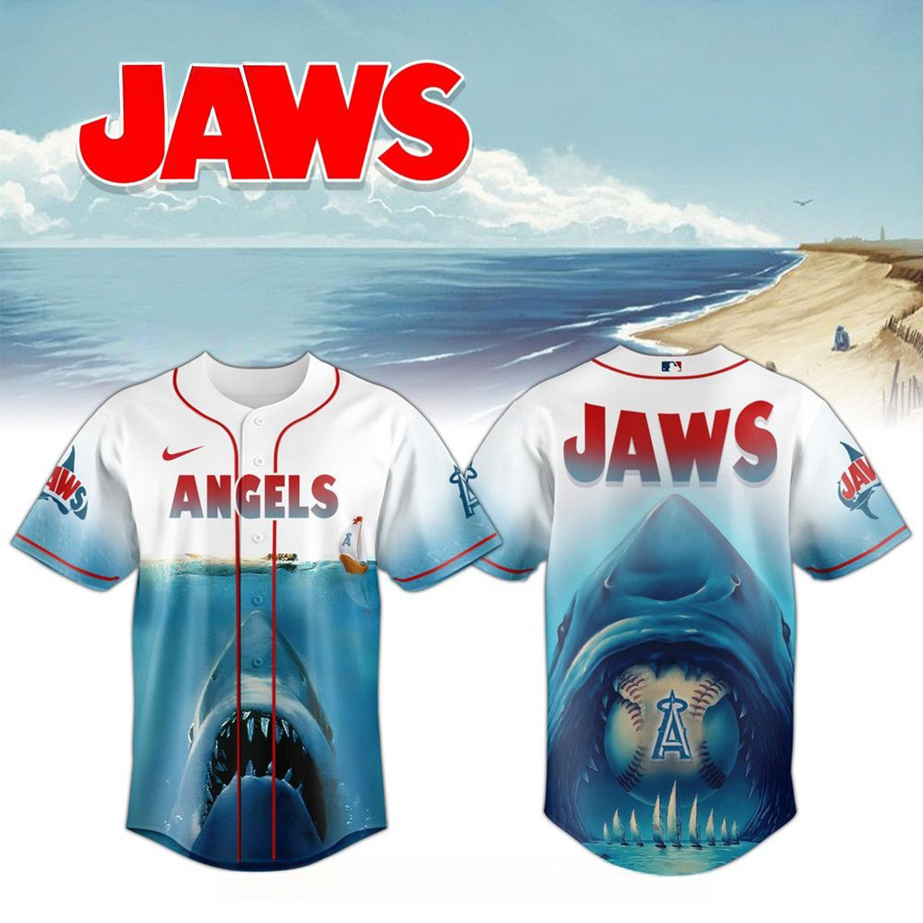 Los Angeles Angels X Jaws 50Th Anniversary Jersey 2025 Los Angeles Angels Merch For Fans-1