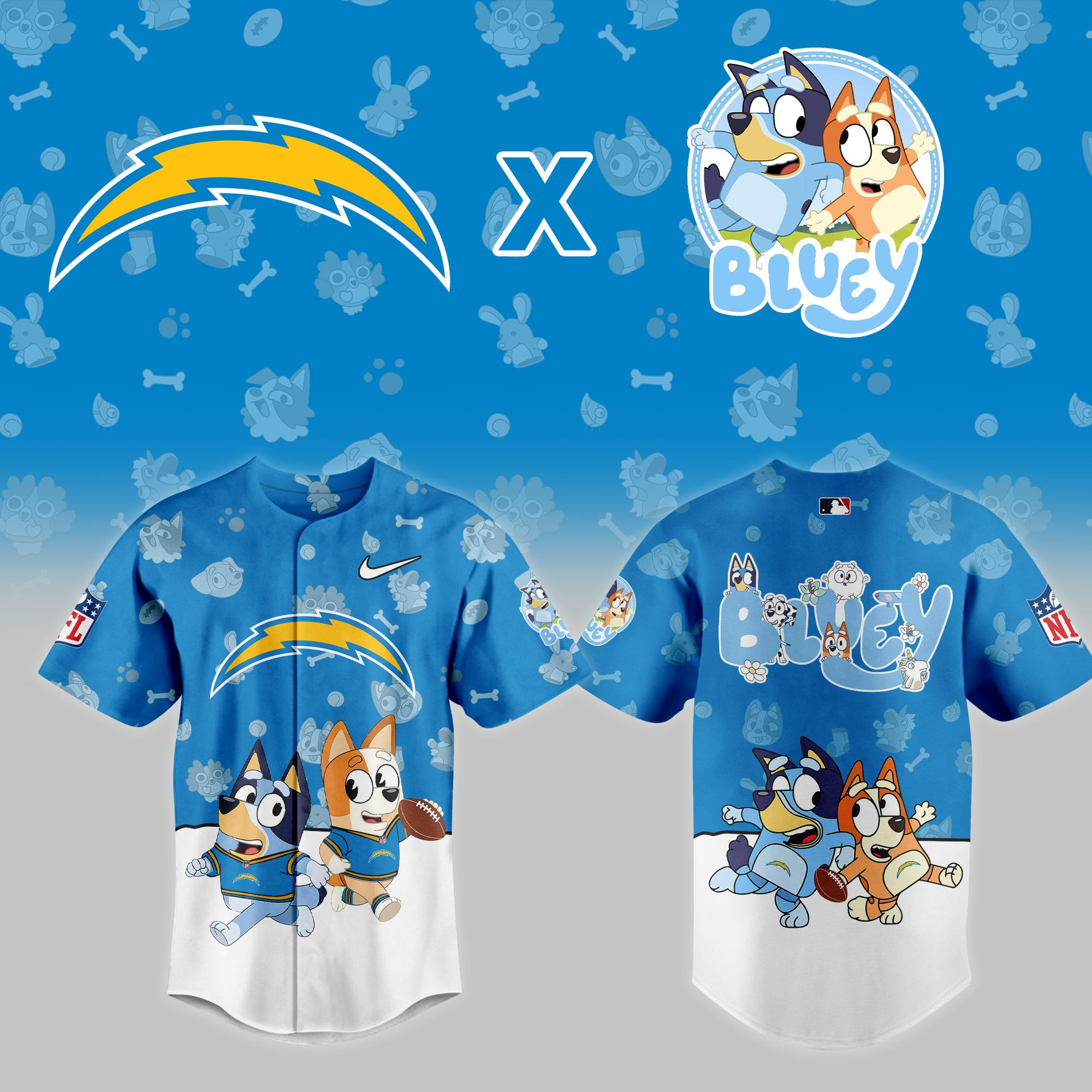 Los Angeles Chargers Nfl X Bluey Night Baseball Jersey For Fans-1