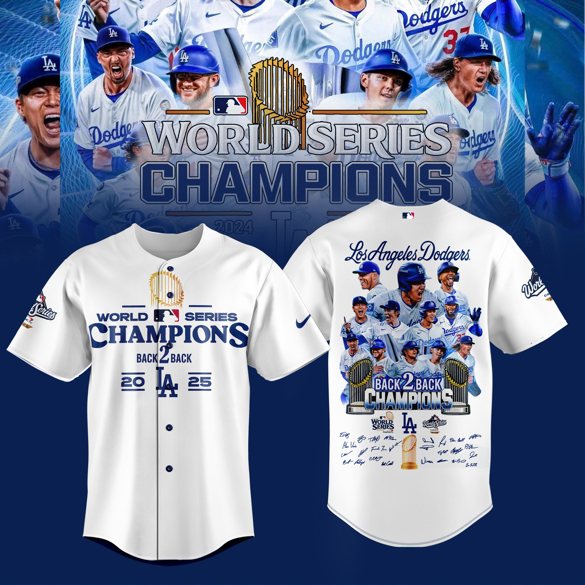 Los Angeles Dodgers 2025 World Series Champions Jersey Back 2 Back Signature Clothing Gifts-1
