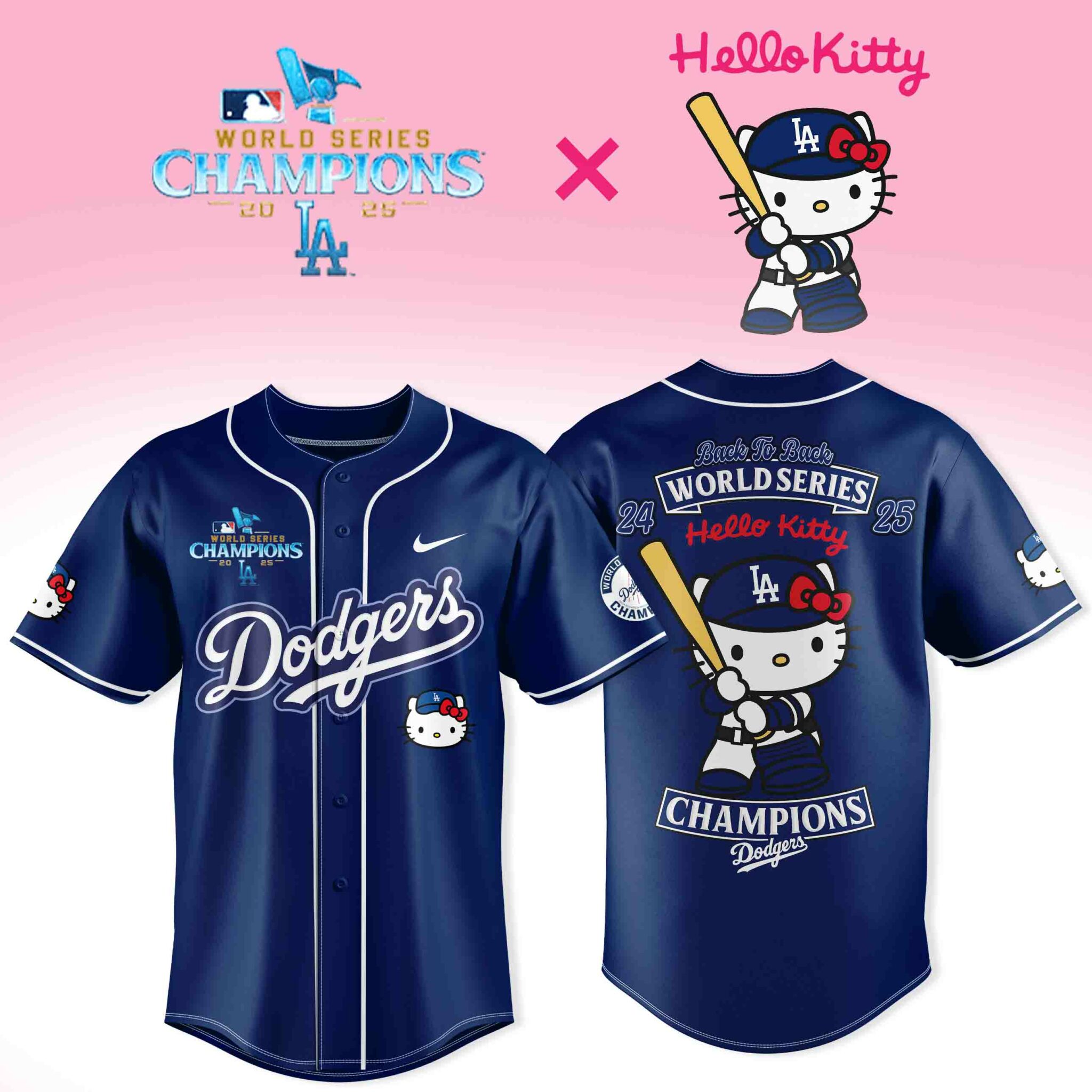 Los Angeles Dodgers Back To Back Champions Jersey Hello Kitty x Dodgers World Series Merch 2025-1
