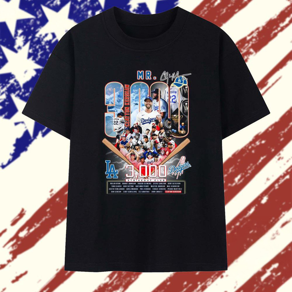 Los Angeles Dodgers Clayton Kershaw On Joining The 3000 Strikeout Club 2025 T-Shirt Dodgers Merch-1