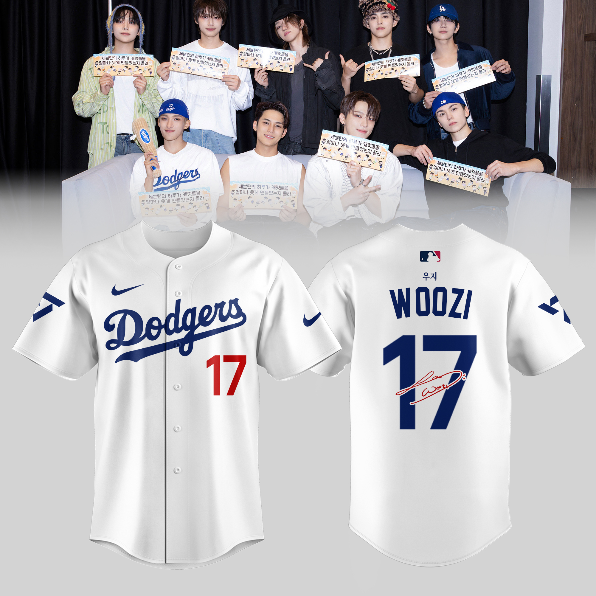 Los Angeles Dodgers X Bts Jersey Woozi Seventeen Signature Shirt Gifts For Baseball Players-1