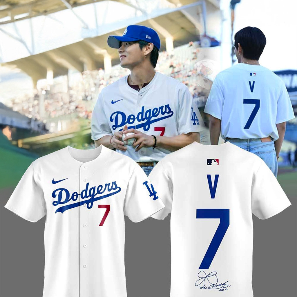 Los Angeles Dodgers X Kim Taehyung Signature V 7 White Jersey Dodgers Merch Him Gifts_-1