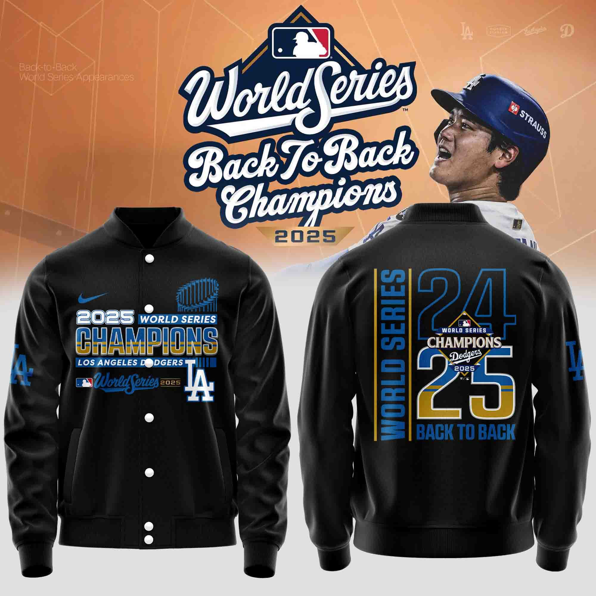 Los Dodgers Dodgers Back To Back Champions Baseball Jacket 24 25 Back To Back World Series Merch-1