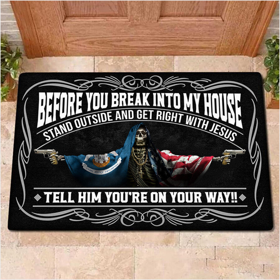 Louisiana Flag And American Flag Skull With Gun Doormat Before You Break Into My House Doormat-1