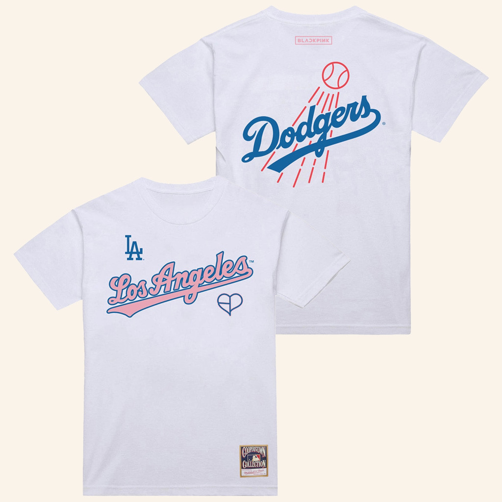 MLB Black Pink Merch Los Angeles Dodgers Mitchell And Ness x BLACKPINK White T-Shirt Her Gifts-1