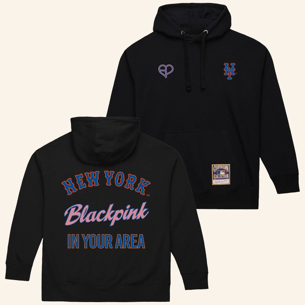MLB Black Pink Merch New York Mets Mitchell And Ness x BLACKPINK Black Hoodie Gifts For Fans-1