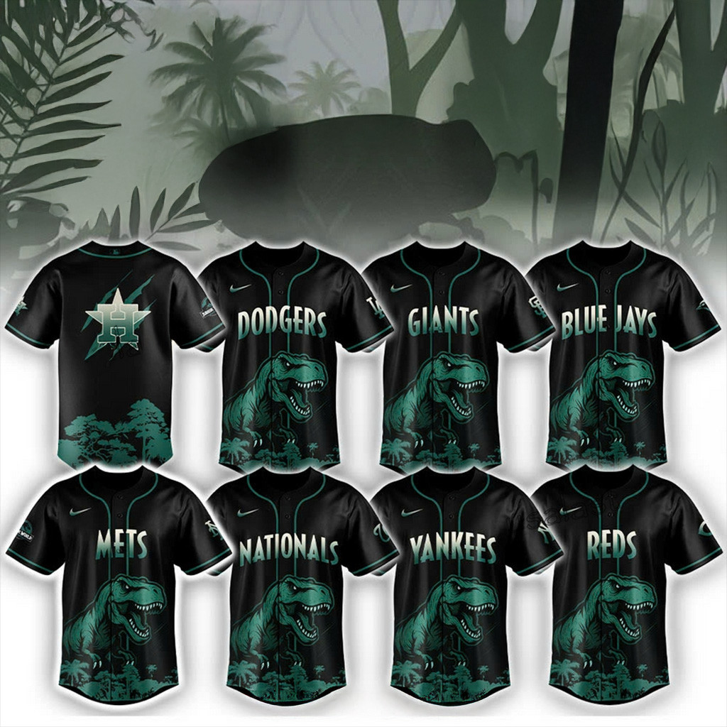 MLB Team x Jurassic World Black Baseball Jersey 2025 MLB Merch Baseball Lover Gift Ideas-1