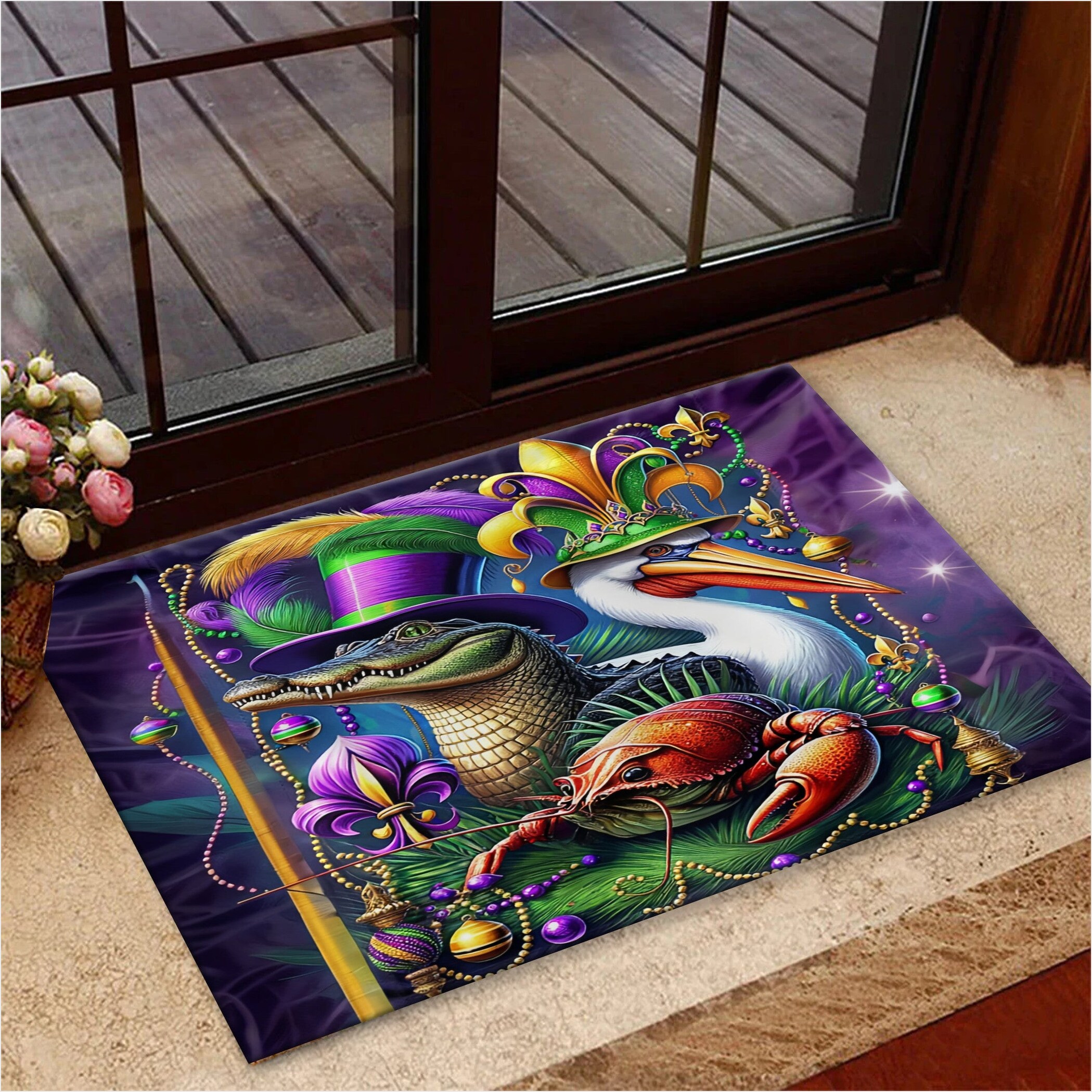 Mardi Gras Alligator Pelican And Crawfish Doormat Mardi Gras Doormat Fat Tuesday Holiday Decor-1