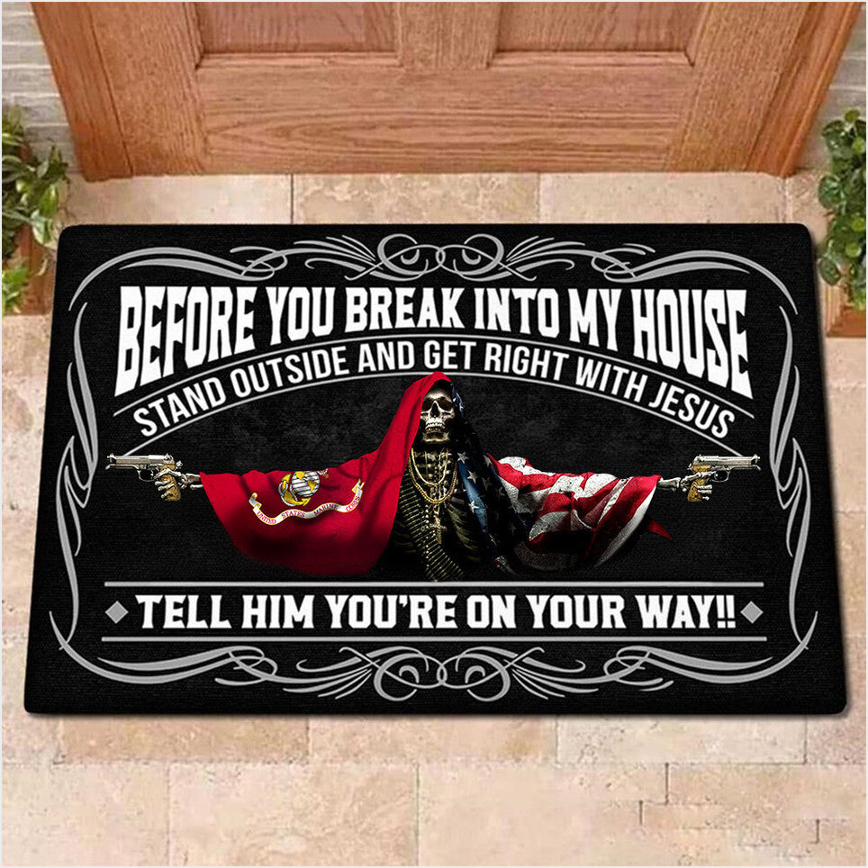 Marine Corps Flag And USA Flag Skull With Gun Doormat Before You Break Into My House Doormat-1