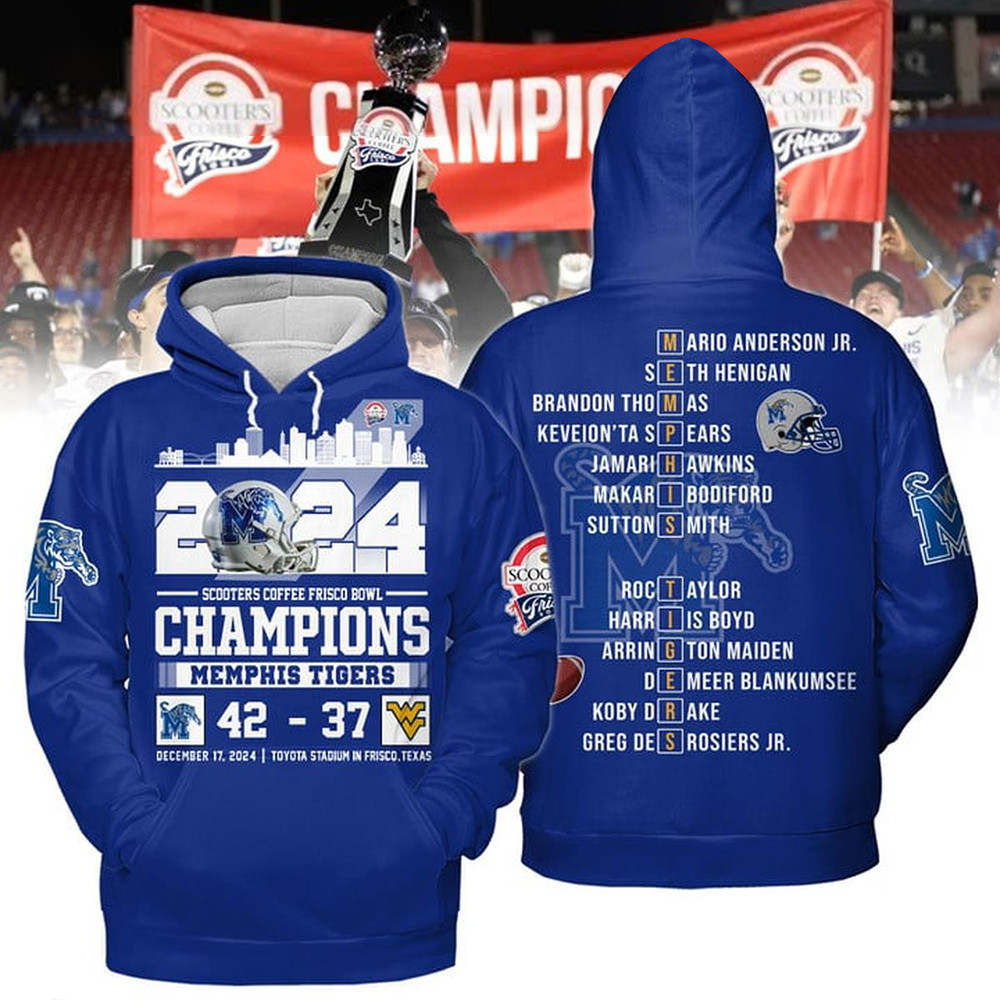 Memphis Tigers 2024 Scooter Coffee Frisco Bowl Champions Hoodie Basketball Enthusiast Gifts-1
