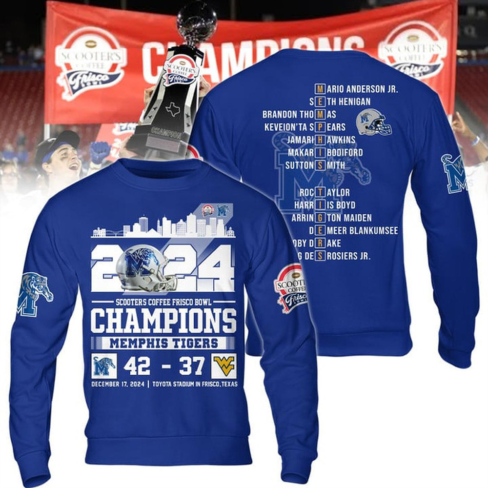 Memphis Tigers 2024 Scooter Coffee Frisco Bowl Champions Sweatshirt Basketball Enthusiast Gifts-1