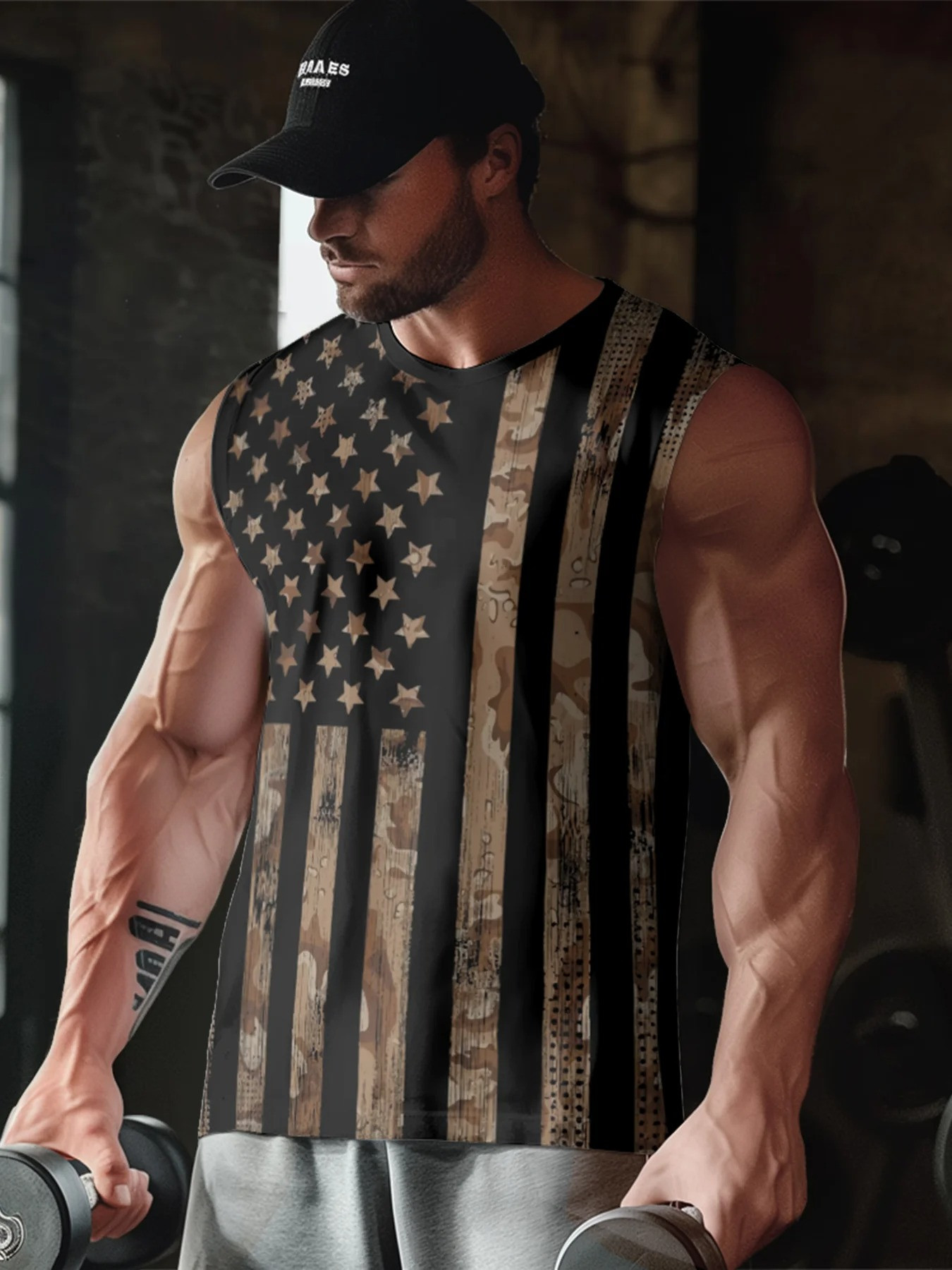 Mens Crewneck Tank Tops American Flag National Patriotic Sleeveless T-Shirt-1