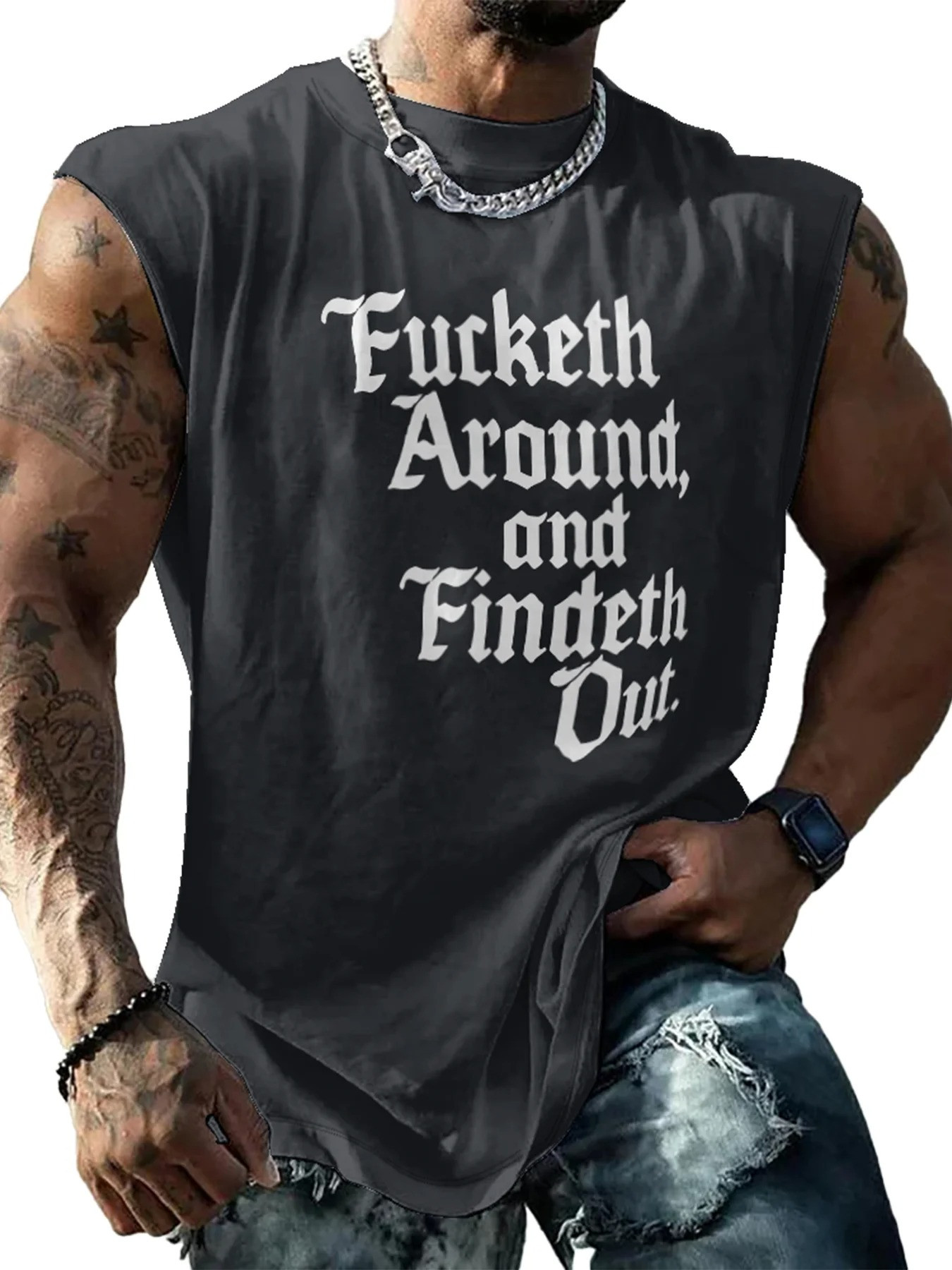 Mens Crewneck Tank Tops Fucketh Around and Findeth Out Beach Sleeveless Shirt-1