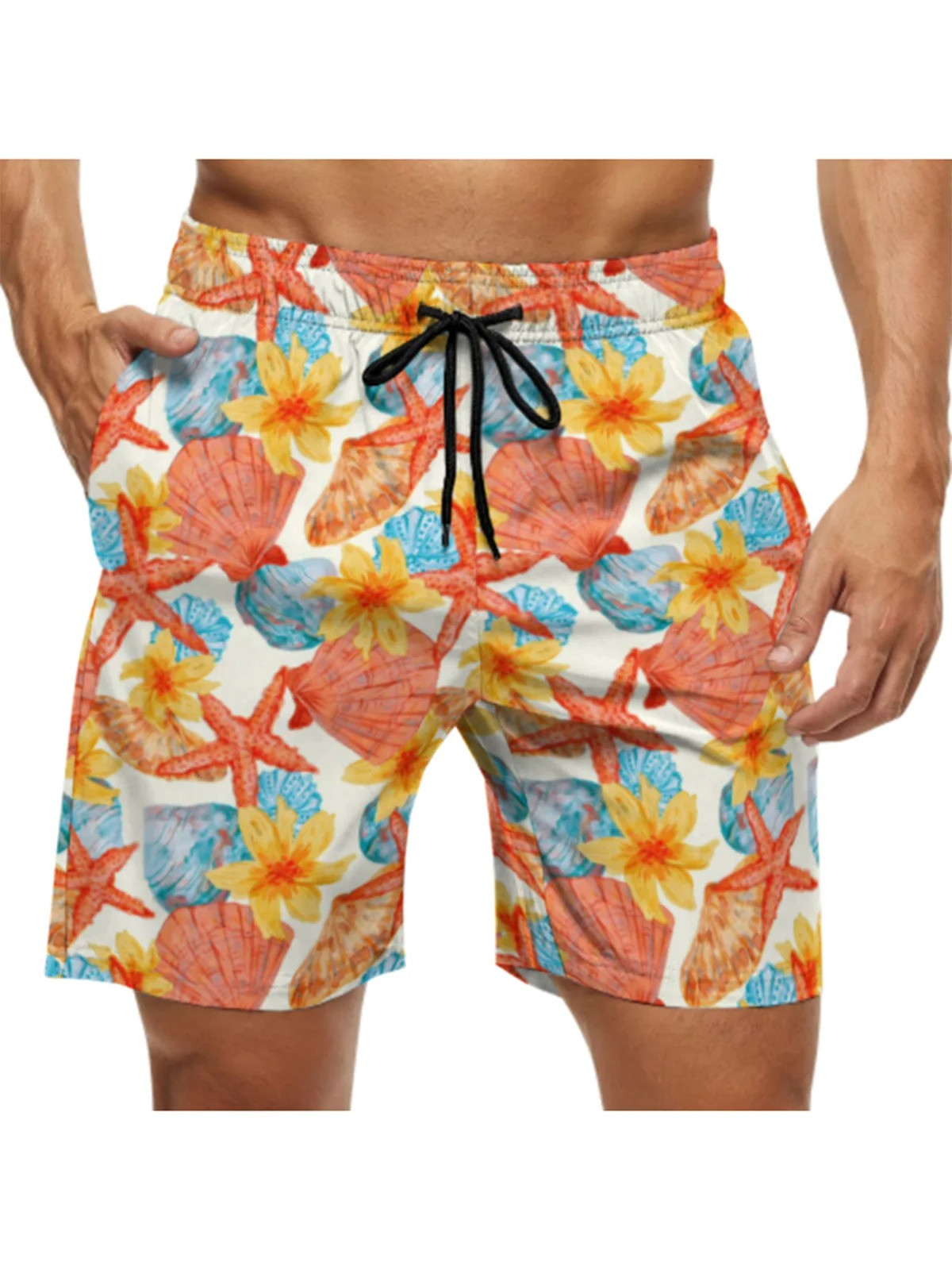 Men's Swim Trunks Hawaiian Starfish Shell Beach Shorts with Pockets-1
