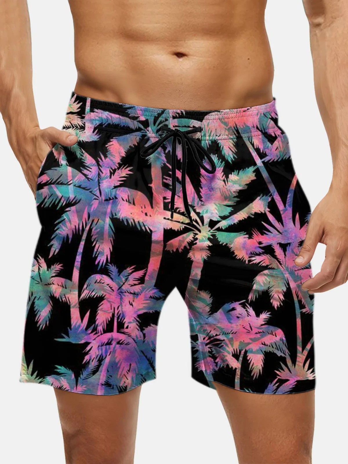 Men's Swim Trunks Hawaiian Tropical Palm Tree Beach Shorts with Pockets-1