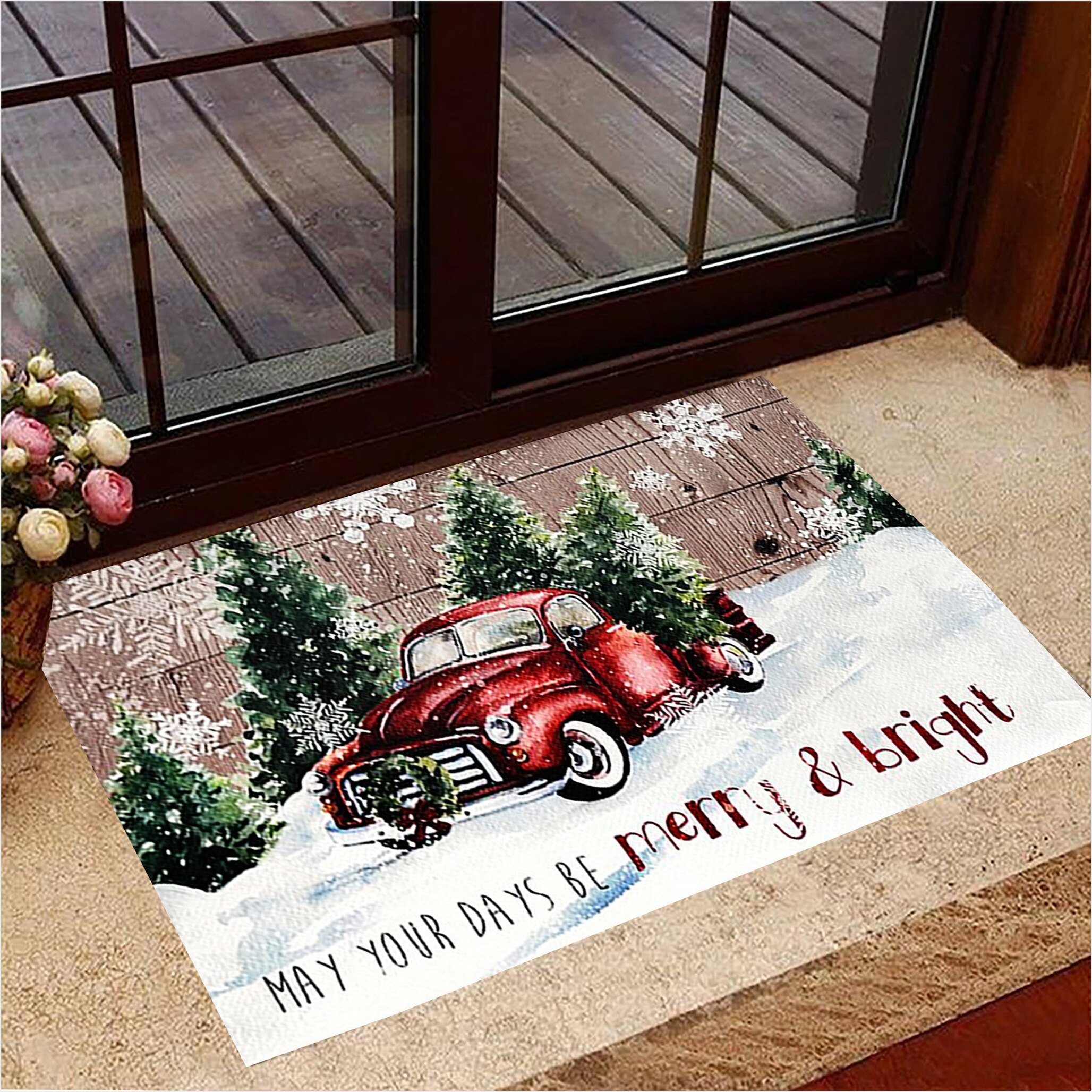 Merry And Bright Doormat Red Truck Holiday Christmas Welcome Mat For Front Door Gifts For BFF-1