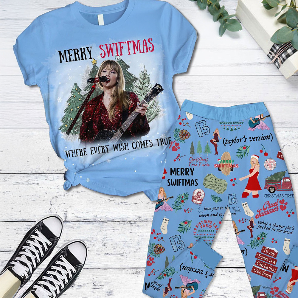 Merry Swiftmas Where Every Wish Comes True Taylor's T-Shirt And Long Pants Set Swifties Gifts-1