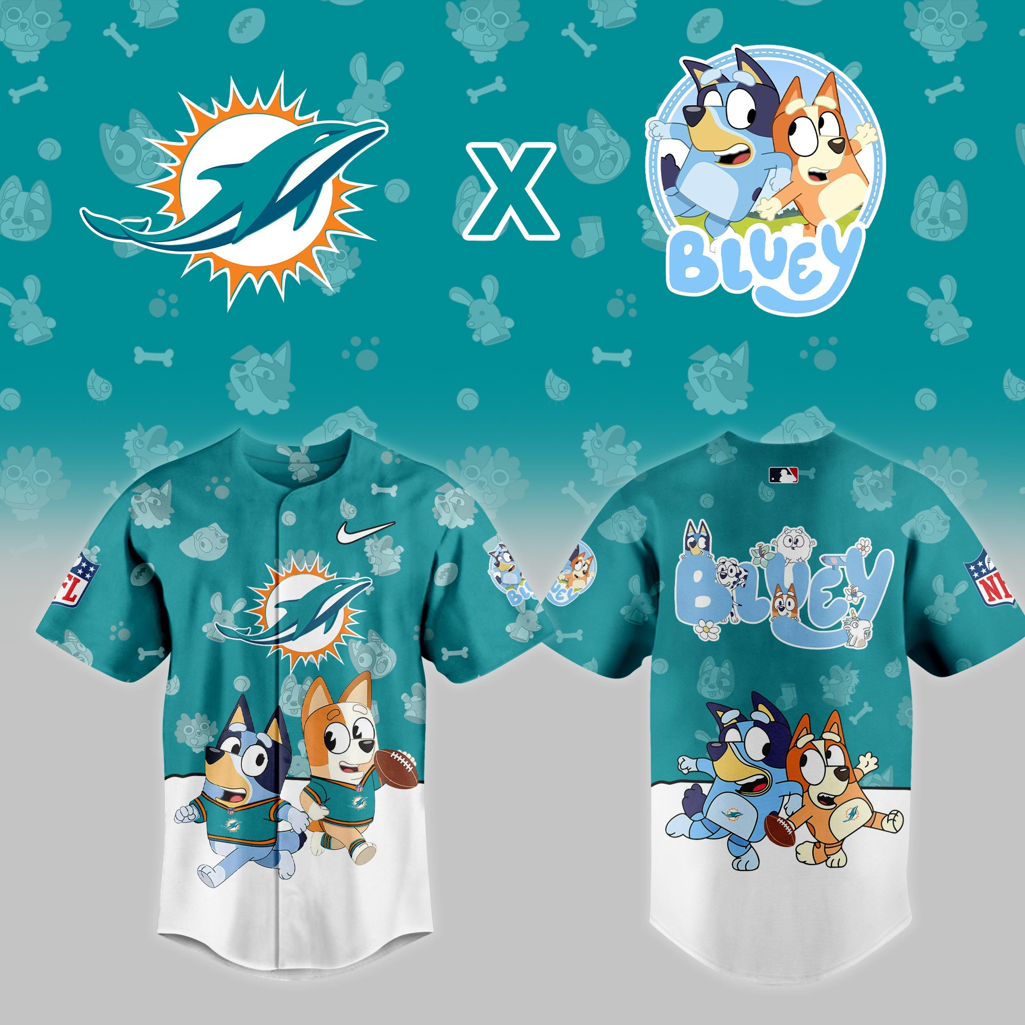 Miami Dolphins Nfl X Bluey Night Baseball Jersey For Fans-1