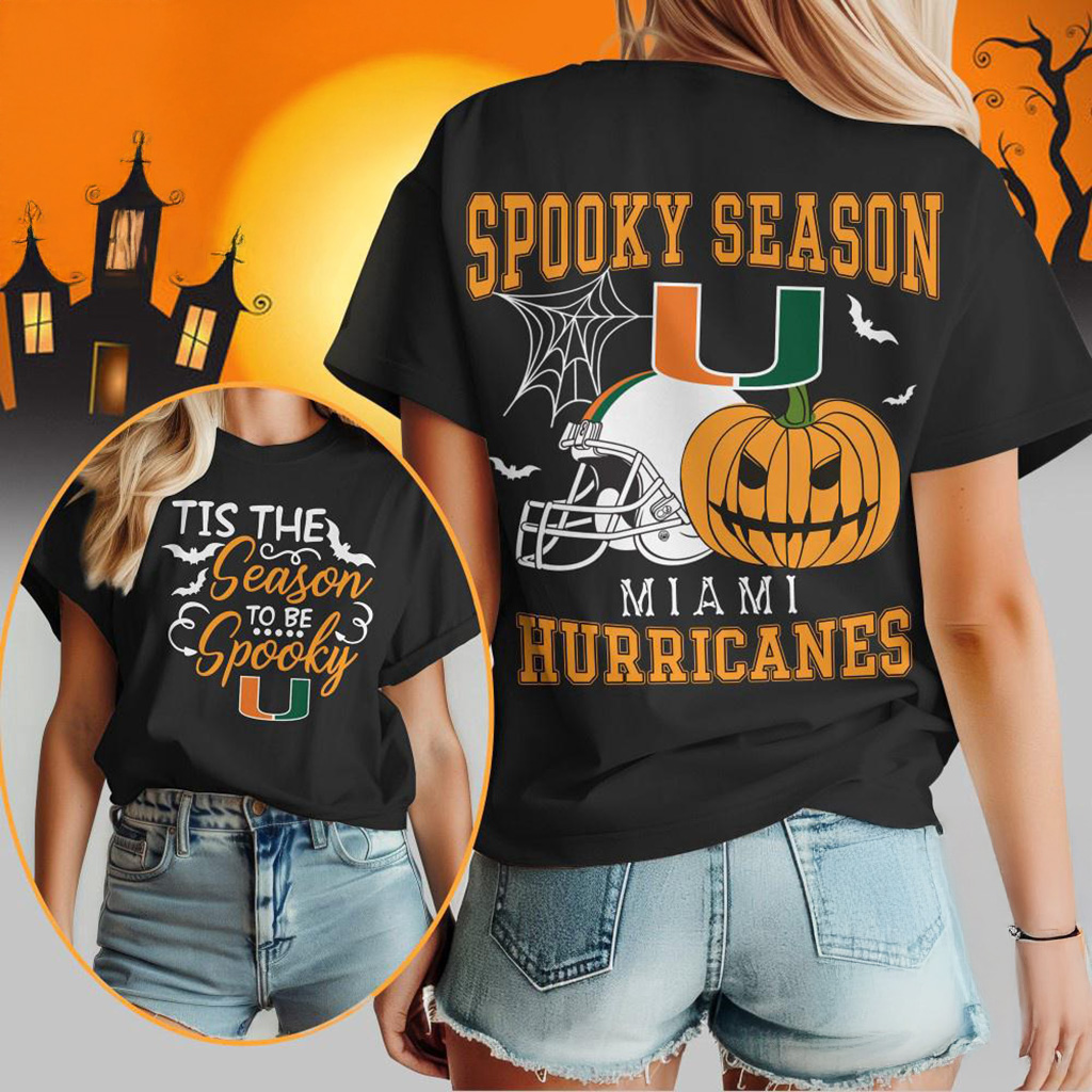 Miami Hurricanes 2025 NCAA Spooky Season Vintage T-Shirt Fan Merch Halloween Gift For Her-1