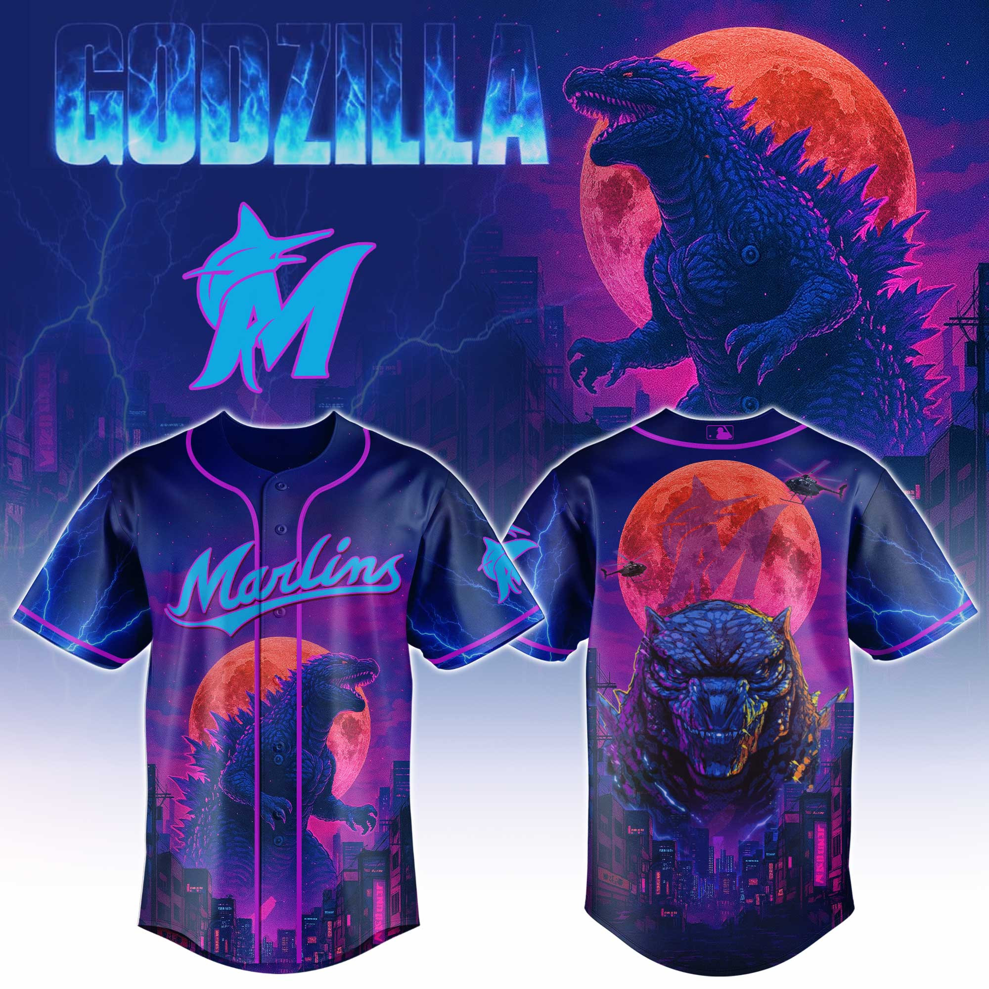 Miami Marlins Mlb X Godzilla Baseball Jersey For Fans-1