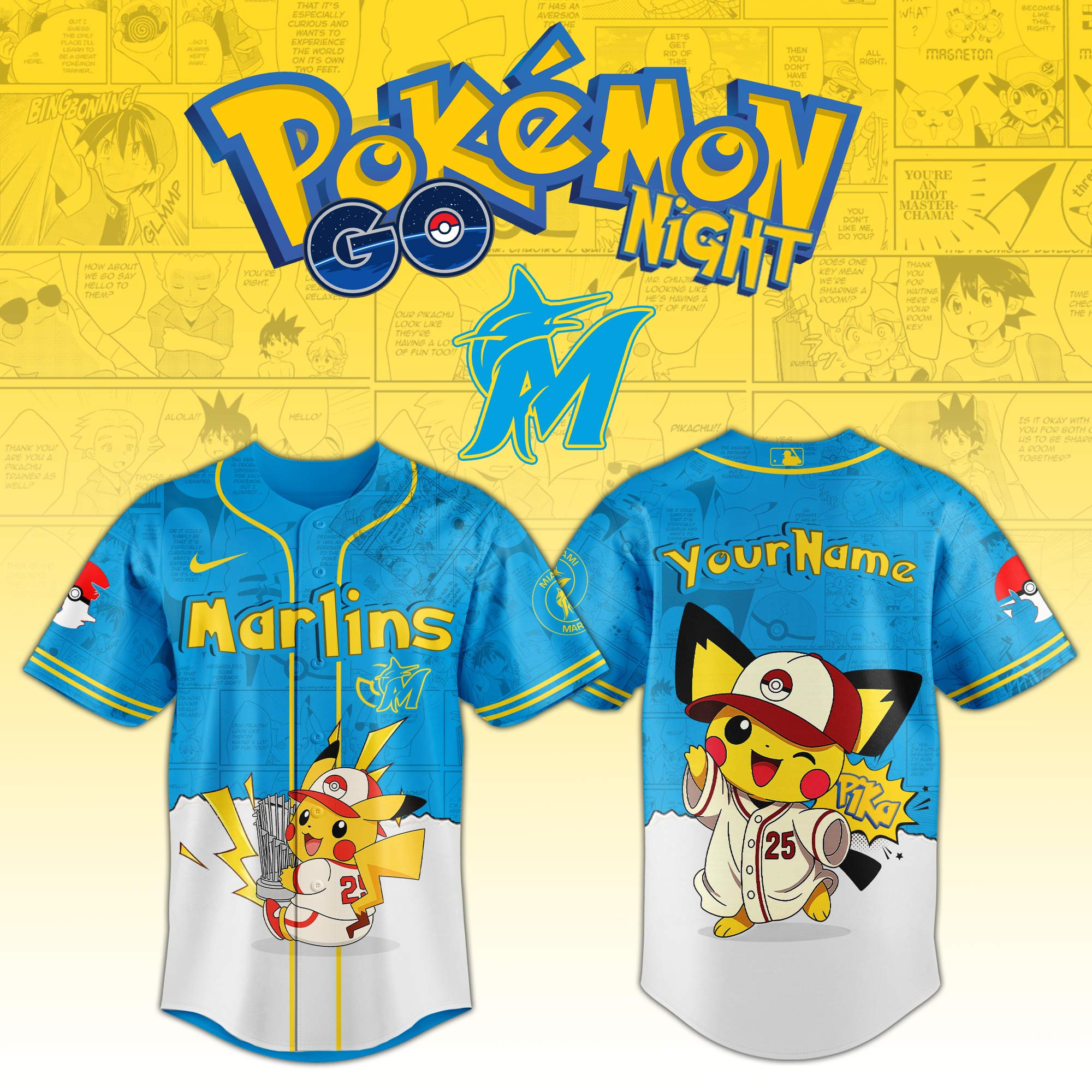 Miami Marlins Mlb X Pokemon Go Night Personalized Baseball Jersey For Fans-1