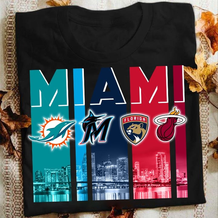 Miami Sports City Skyline Dolphins Marlins Panthers Heat Hoodie Miami Merch Gifts For Fans-1