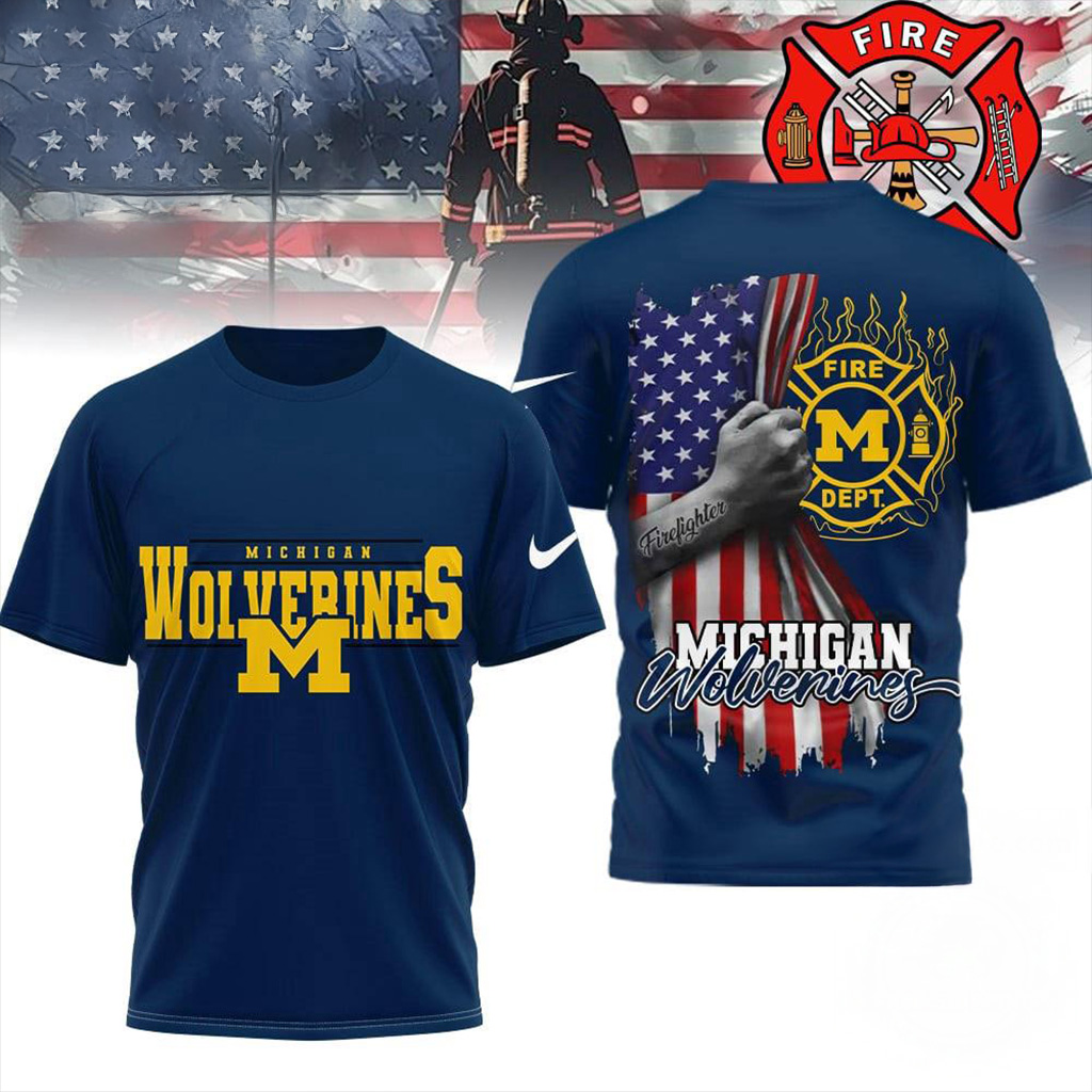 Michigan Wolverines 2025 NCAA Firefighter American Flag Shirt Michigan Wolverines Merch-1